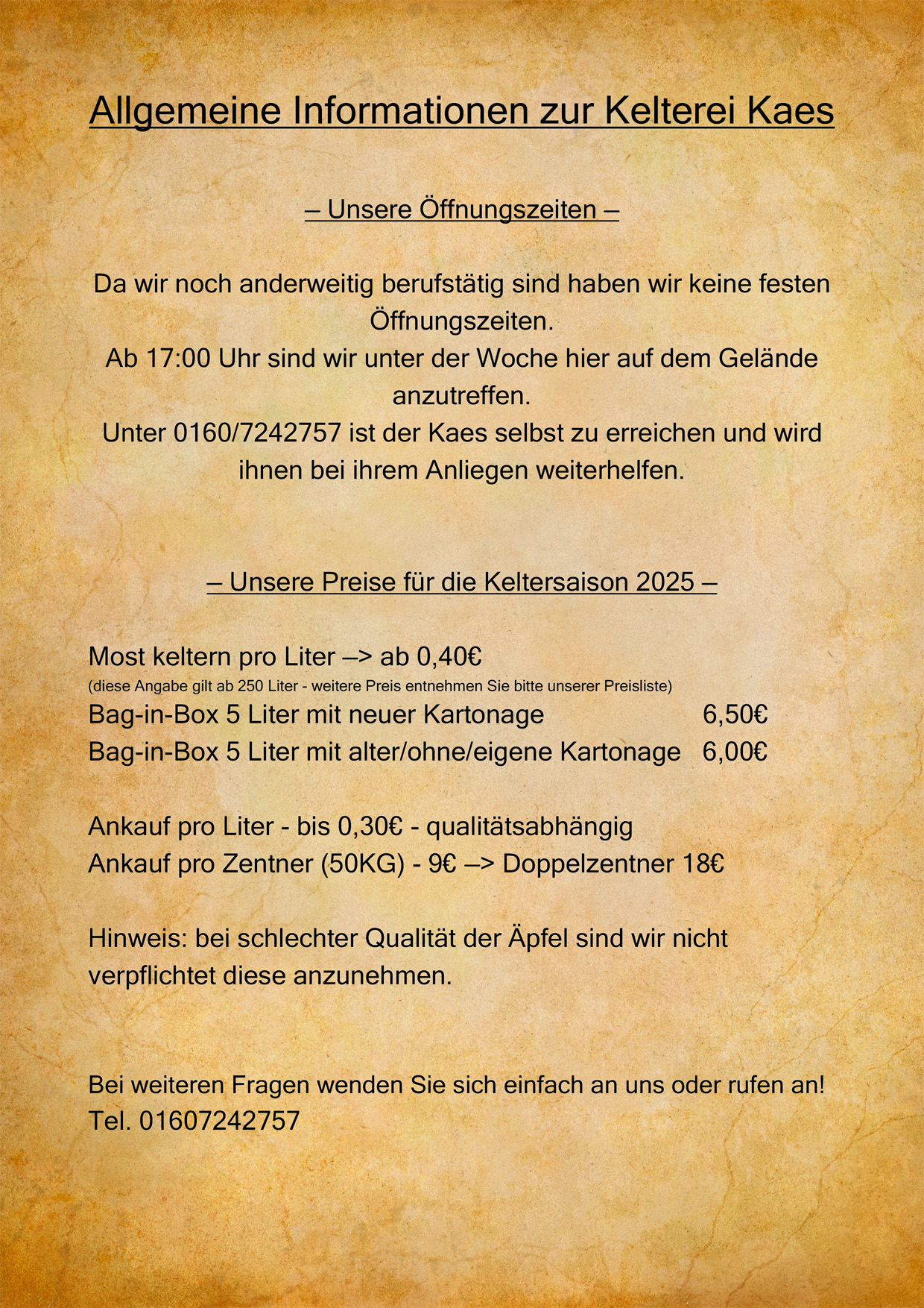 Informationen zur Kelterei Kaes 2025